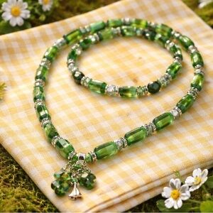 Green Crystal Bead Necklace with Charm and Stretch Bracelet - Handmade by Evelyn